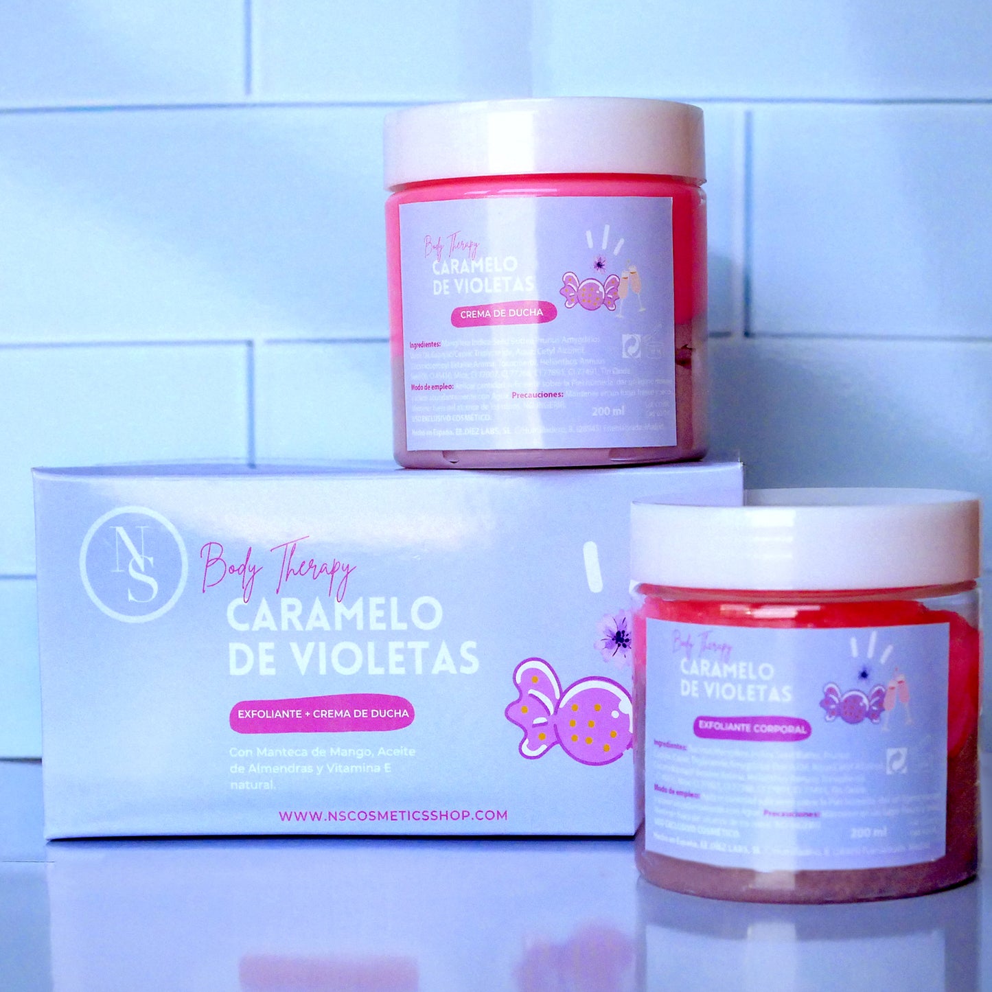 Pack Exfoliante Corporal + Crema de ducha olor Caramelos de Violetas.